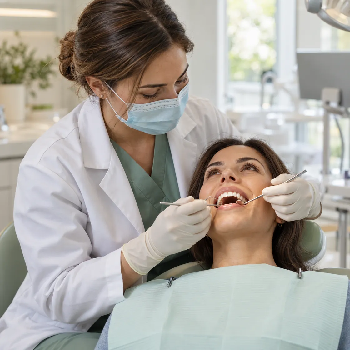 A dentist gently caring for a patient during a routine dental checkup