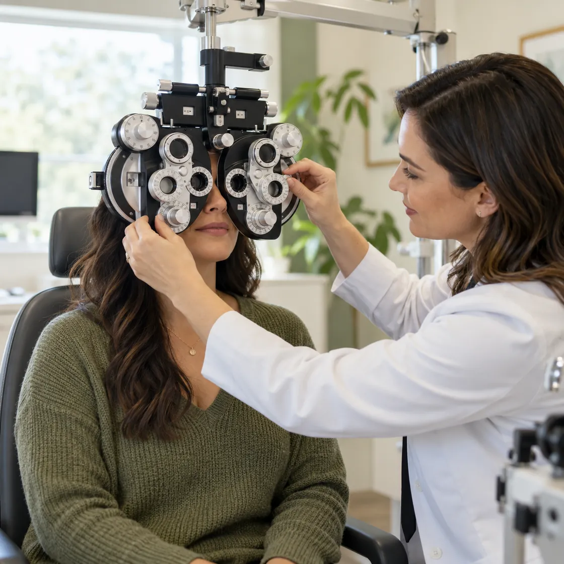 An eye doctor helping a patient during a routine eye examination