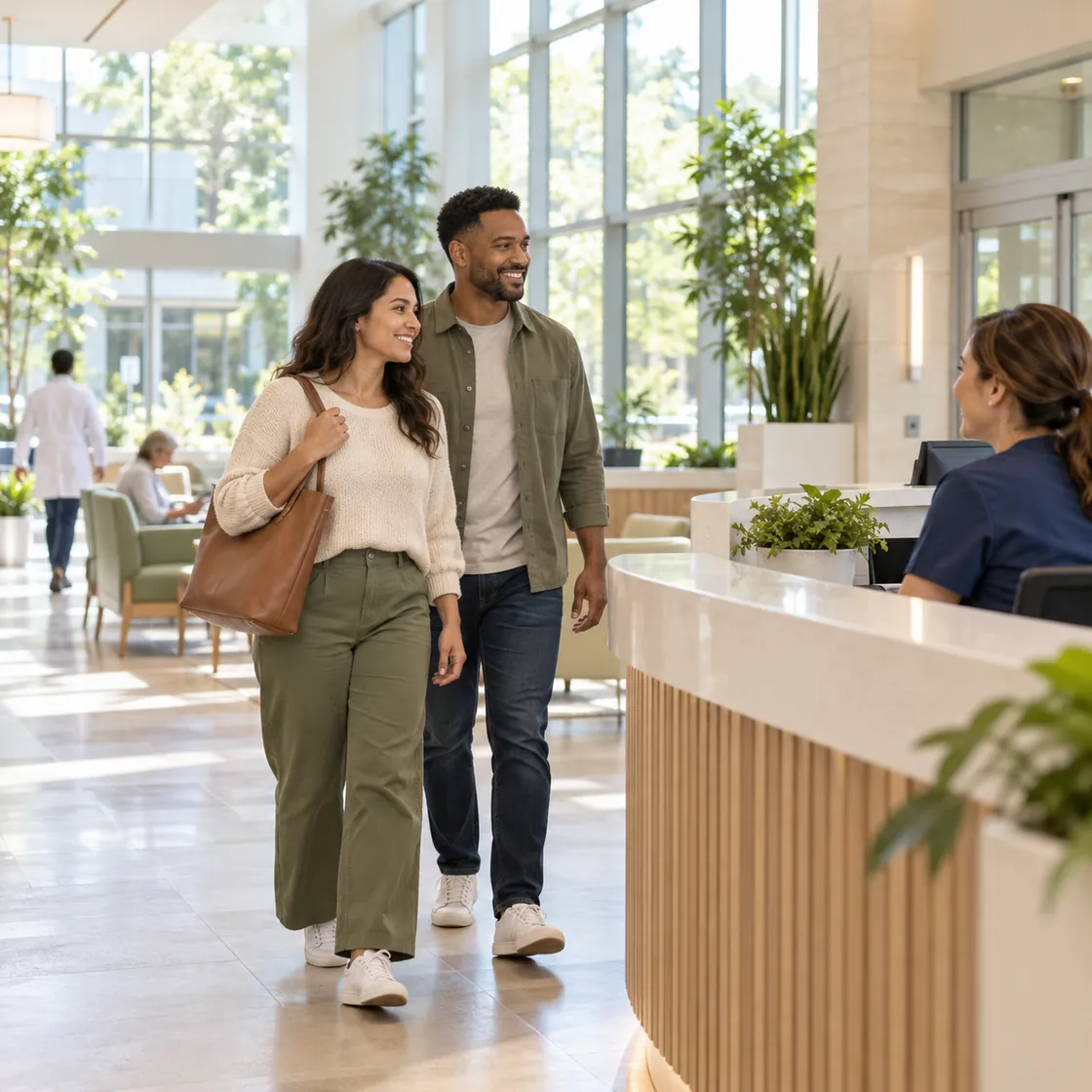 A couple visiting a welcoming hospital lobby