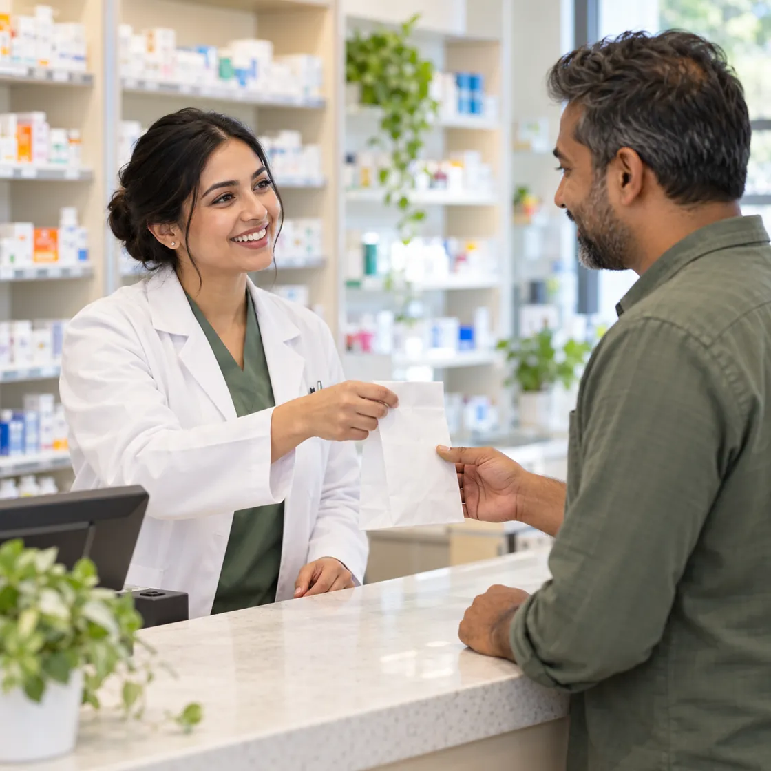 A pharmacist helping a customer at a pharmacy counter
