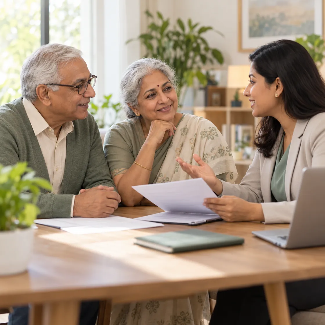 An older couple asking an insurance adviser questions in a welcoming office
